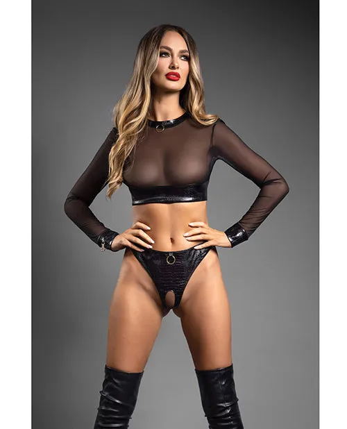 Anal Fantasy Lingerie Domina Sheer Mesh Vegan Leather 2pc Set wGold Restraint Clasps Black