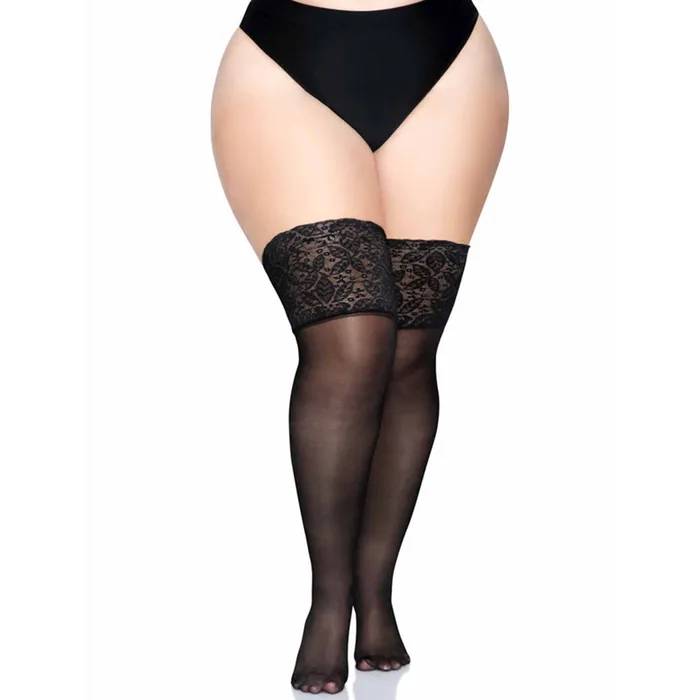 Leg Avenue Spandex Sheer Thigh Highs With 5 Silicone Stay Up Lace Top Black Queen Size Leg Avenue Hosiery