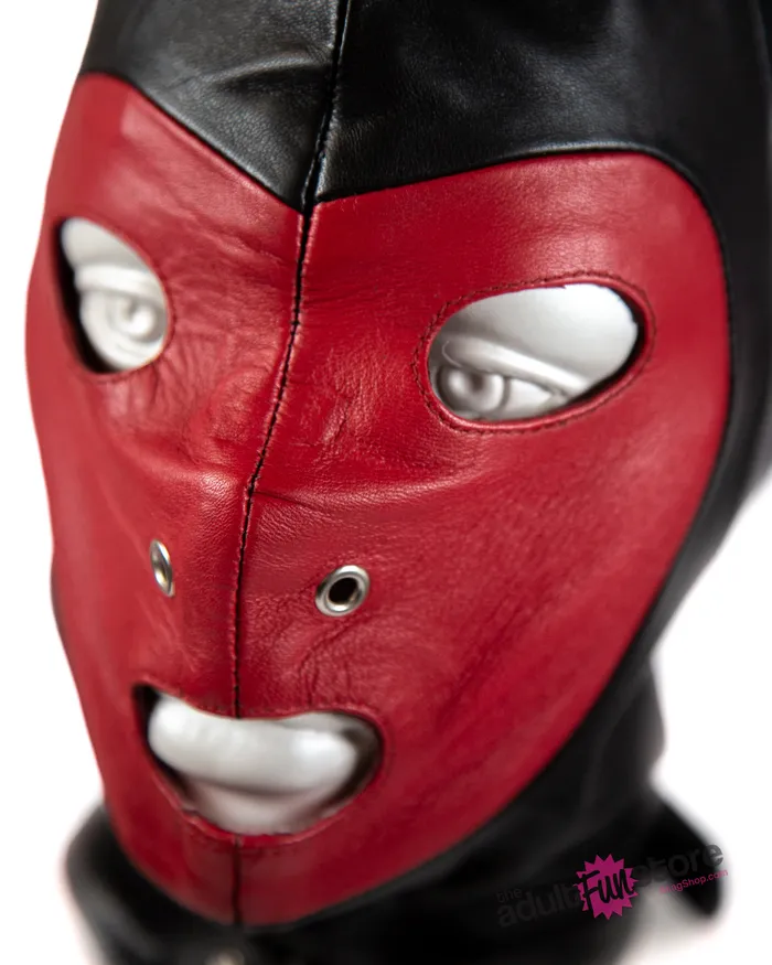 Rouge Garments Leather Padlockable Mask with DRing Laceup Back BlackRed Rouge Garments Restraints