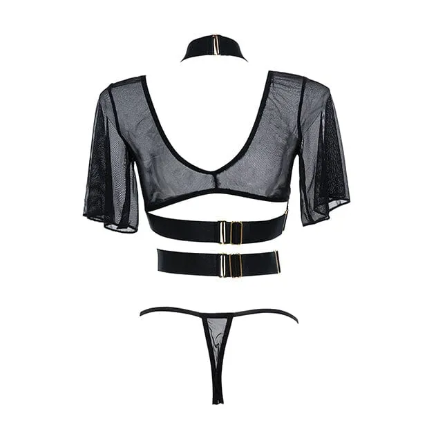 Allure Lingerie Anal Allure Lingerie Adore Dreamer Sheer Mesh Strappy Top and Thong Costume Black