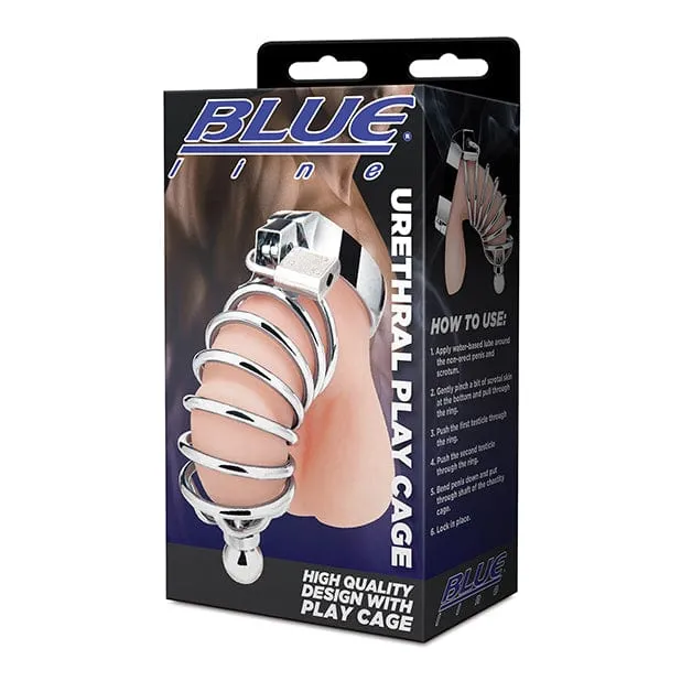 Blue Line Urethral Play Chastity Cock Cage Silver Blue Line Male Sex Toys