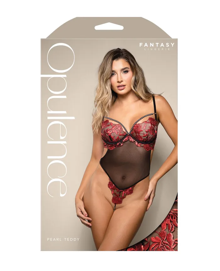 Vibrators Fantasy Lingerie Opulence Embroidered Underwire Open Crotch Teddy wPearl Detail Red